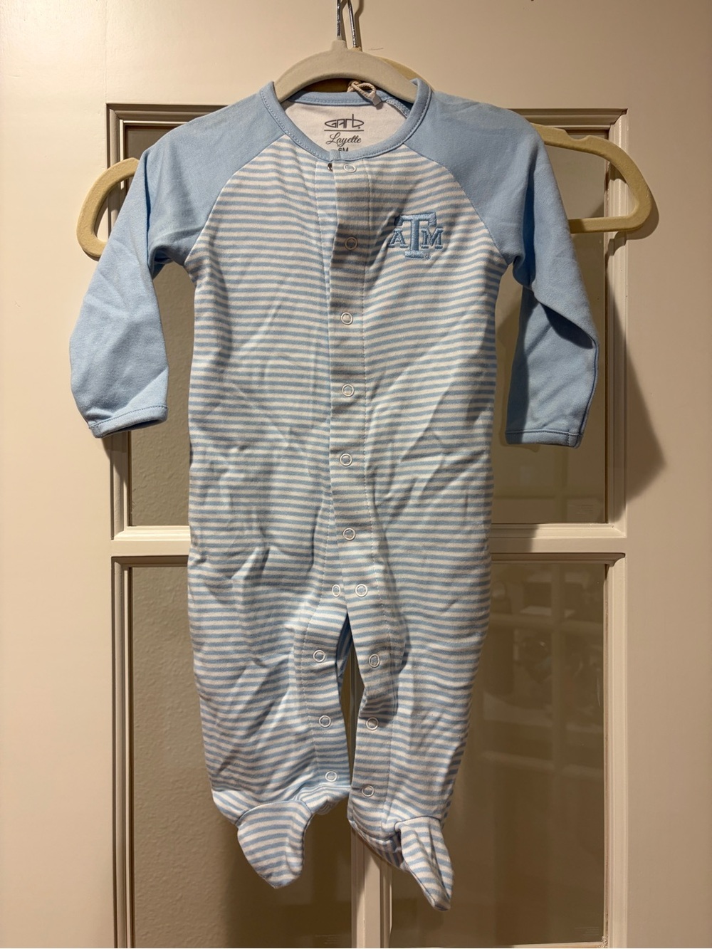 Light Blue Striped Baby Footed One-Piece - Embroidered AM Logo